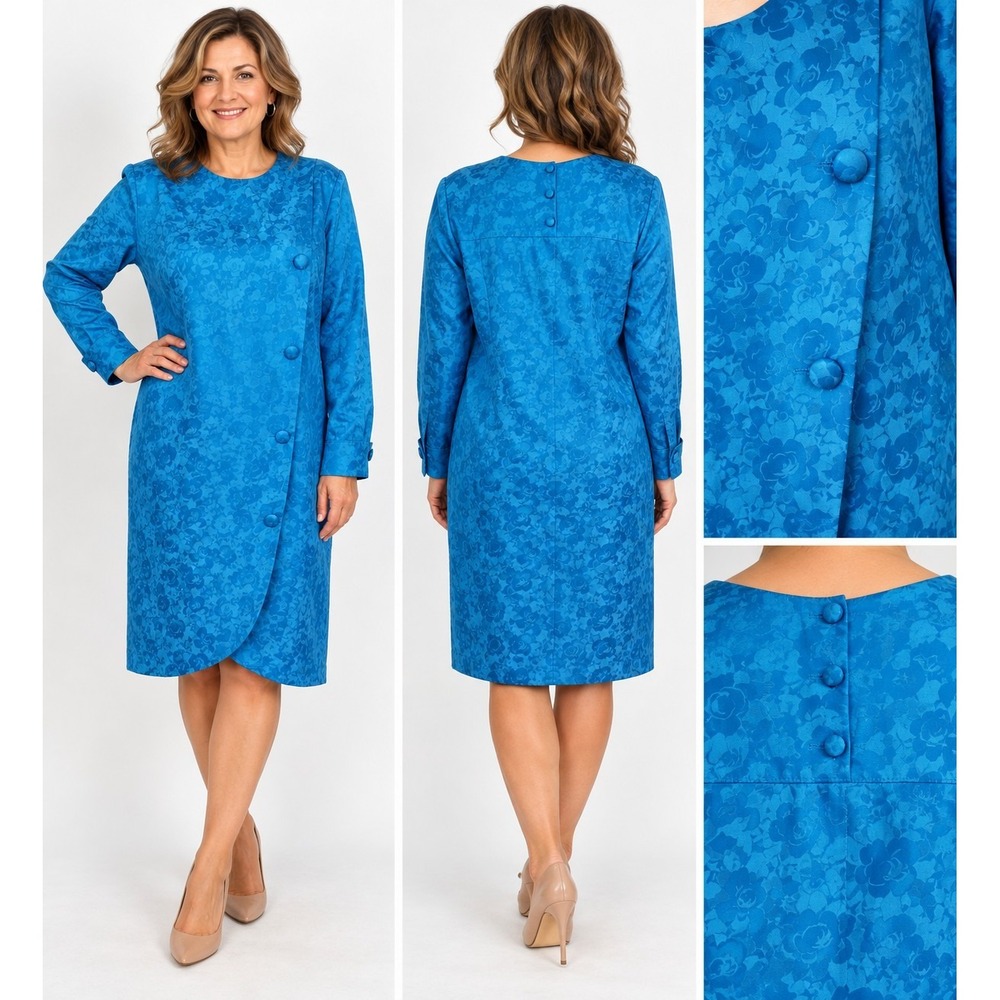 Adrianna Papell Blue Geometric Sheath Dress Round Neck Long Sz 6